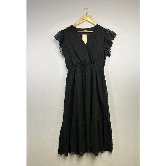 BTFBM Black Swiss Dot Vneck Ruffle Tiered Midi Dress Large - Picture 1 of 8
